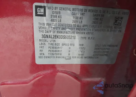 2013 Chevrolet Captiva Sport 2Ls z USA, uszkodzony, nr VIN 3GNAL2EK0DS605210